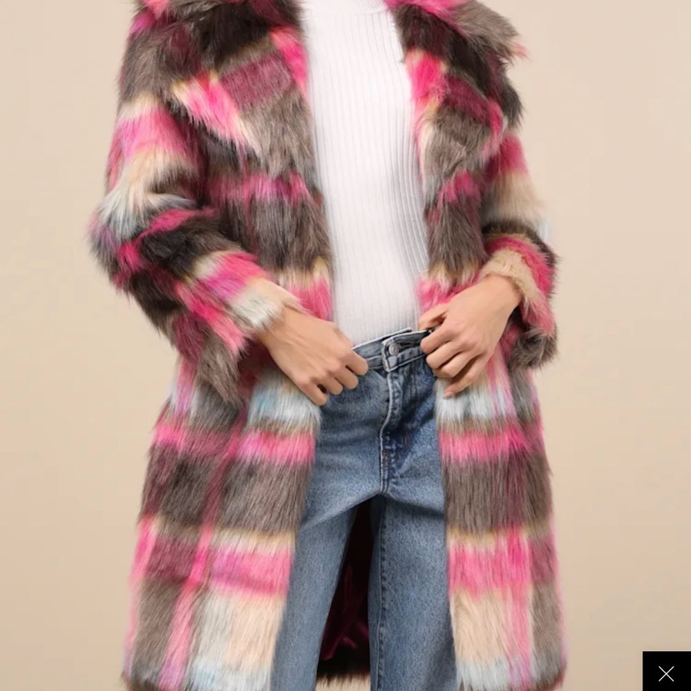 Vibrant Plaid Faux Fur Coat